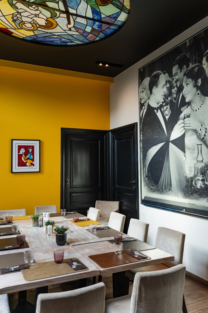 Elegant dining room with stained glass and artistic details